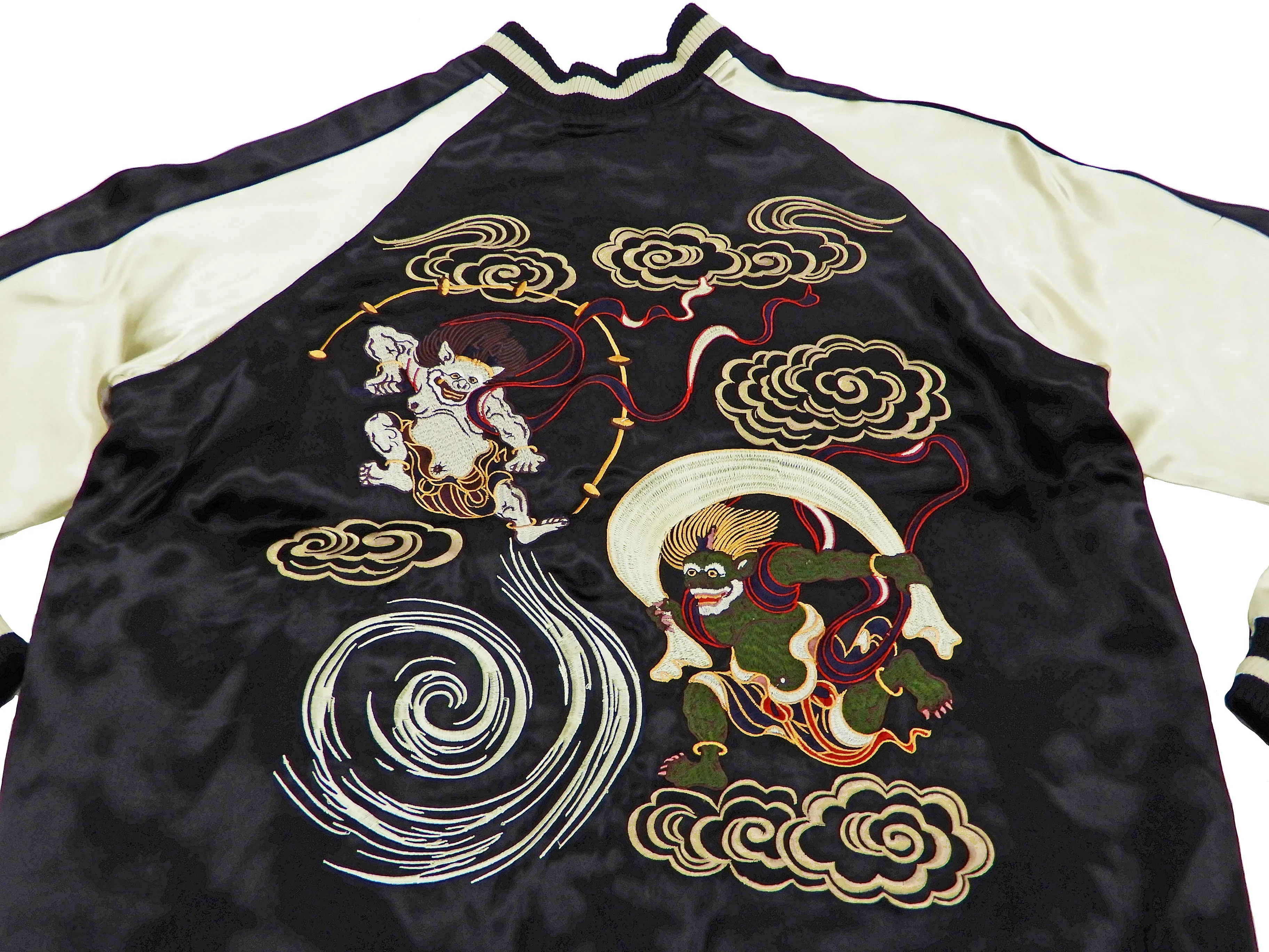 Japanesque Men's Japanese Souvenir Jacket Japan Art Fujin and Raijin Embroidered Sukajan 3RSJ-003 Black/Off