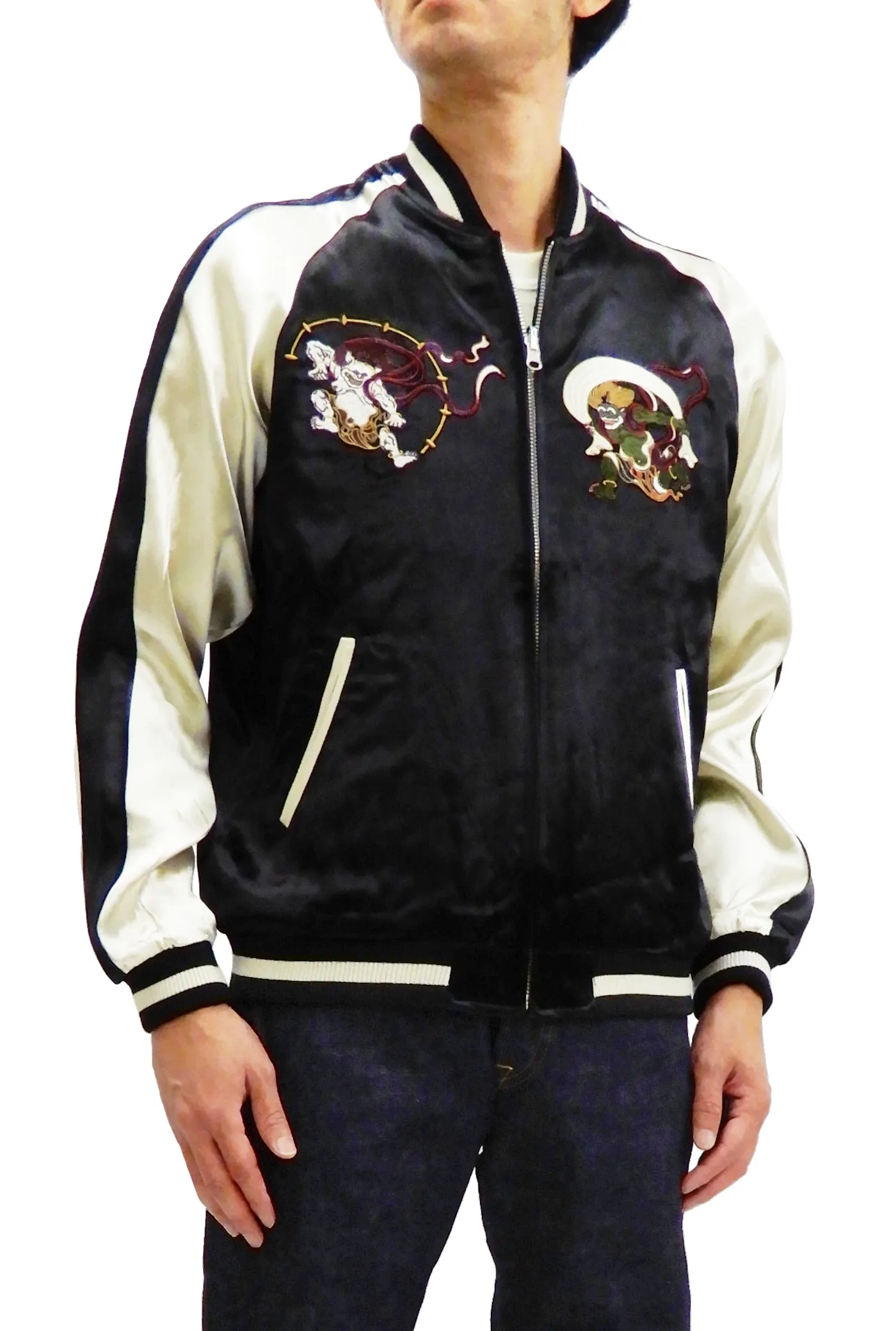 Japanesque Men's Japanese Souvenir Jacket Japan Art Fujin and Raijin Embroidered Sukajan 3RSJ-003 Black/Off