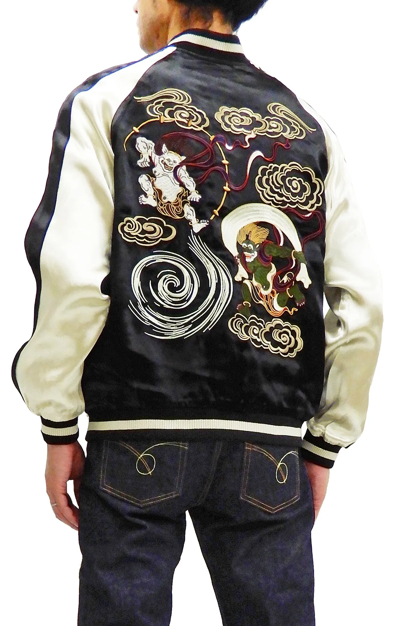 Japanesque Men's Japanese Souvenir Jacket Japan Art Fujin and Raijin Embroidered Sukajan 3RSJ-003 Black/Off