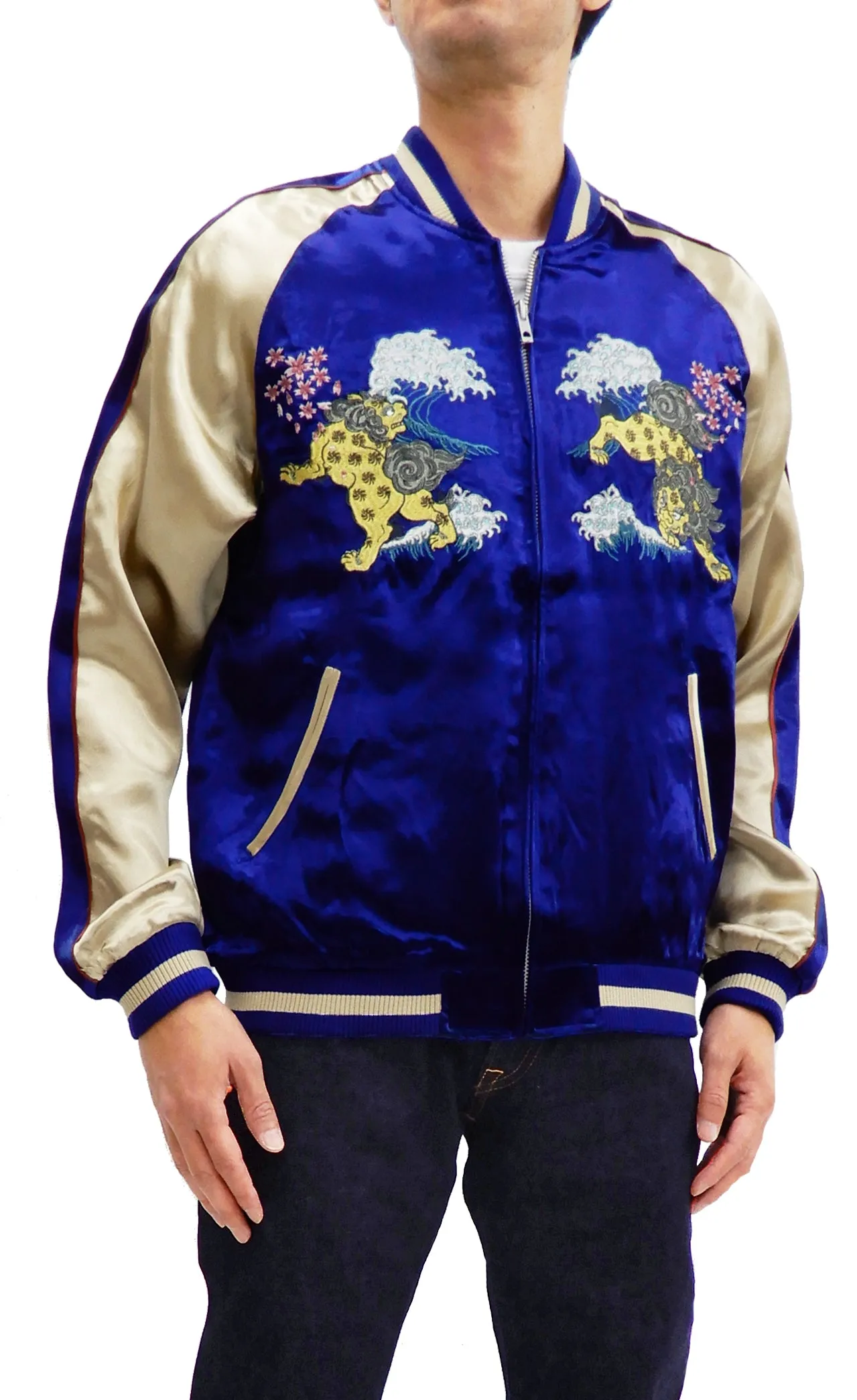 Japanesque Men's Japanese Souvenir Jacket Komainu Embroidered Sukajan 3RSJ-046 Navy-Blue/Beige