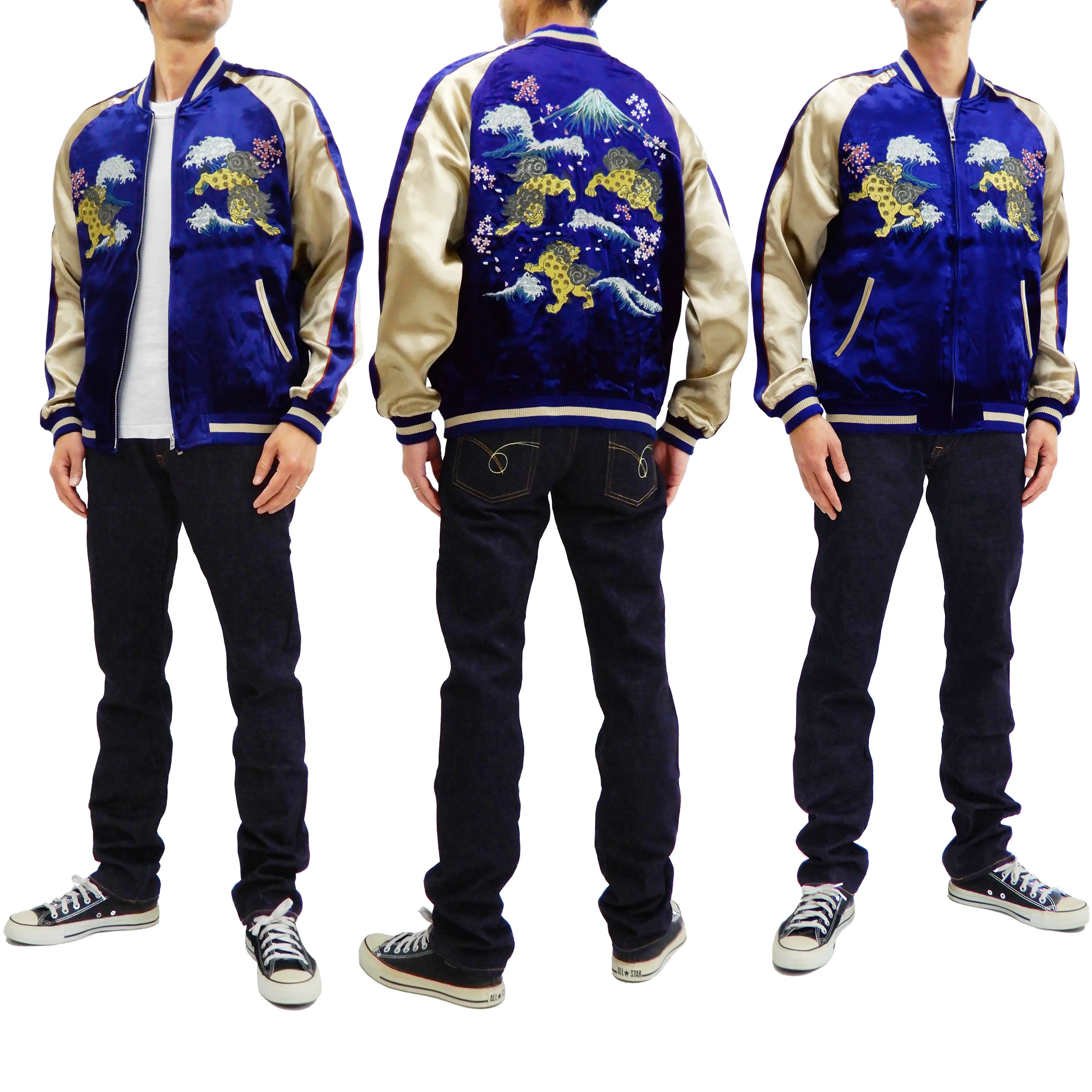 Japanesque Men's Japanese Souvenir Jacket Komainu Embroidered Sukajan 3RSJ-046 Navy-Blue/Beige