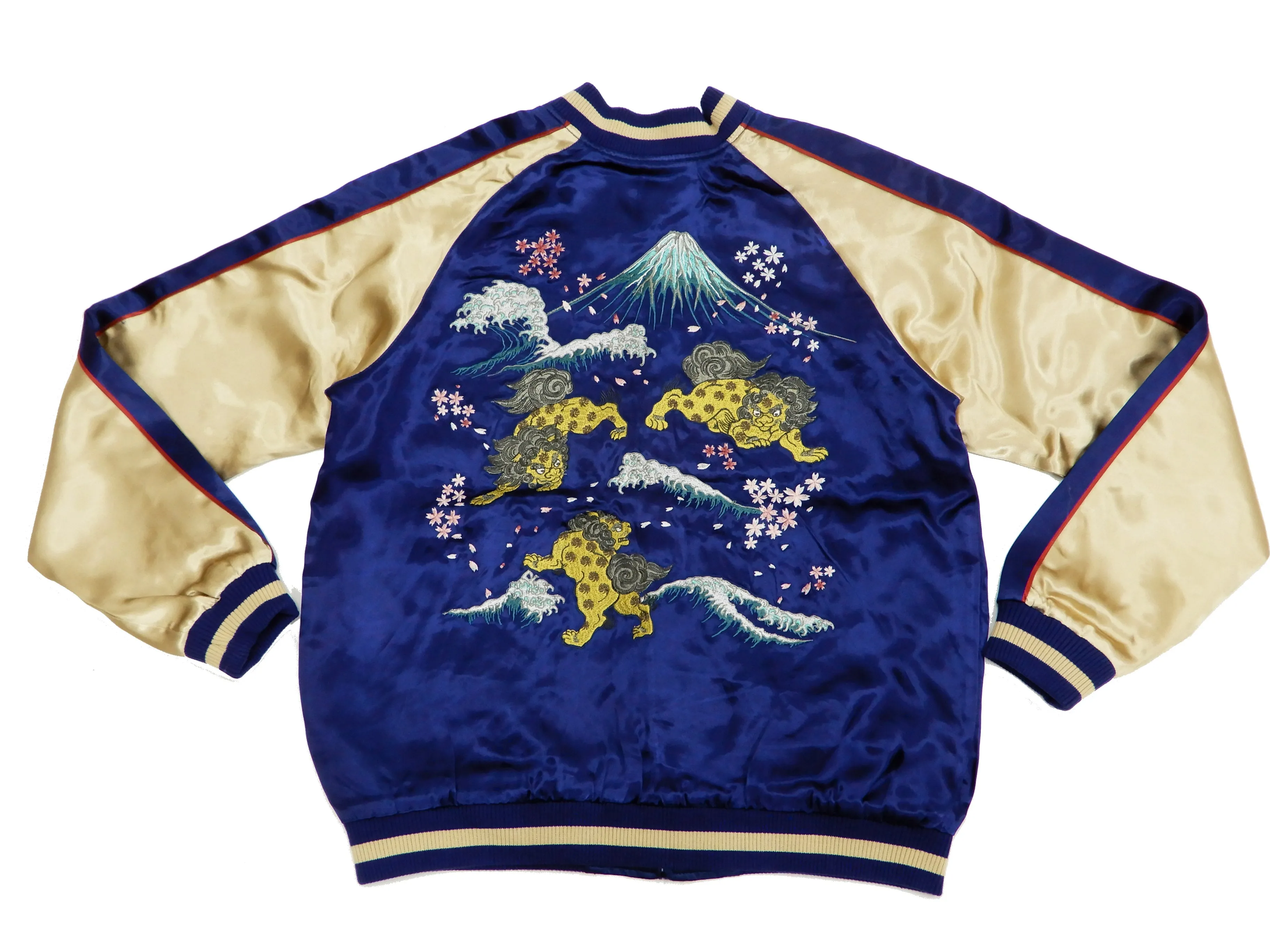 Japanesque Men's Japanese Souvenir Jacket Komainu Embroidered Sukajan 3RSJ-046 Navy-Blue/Beige