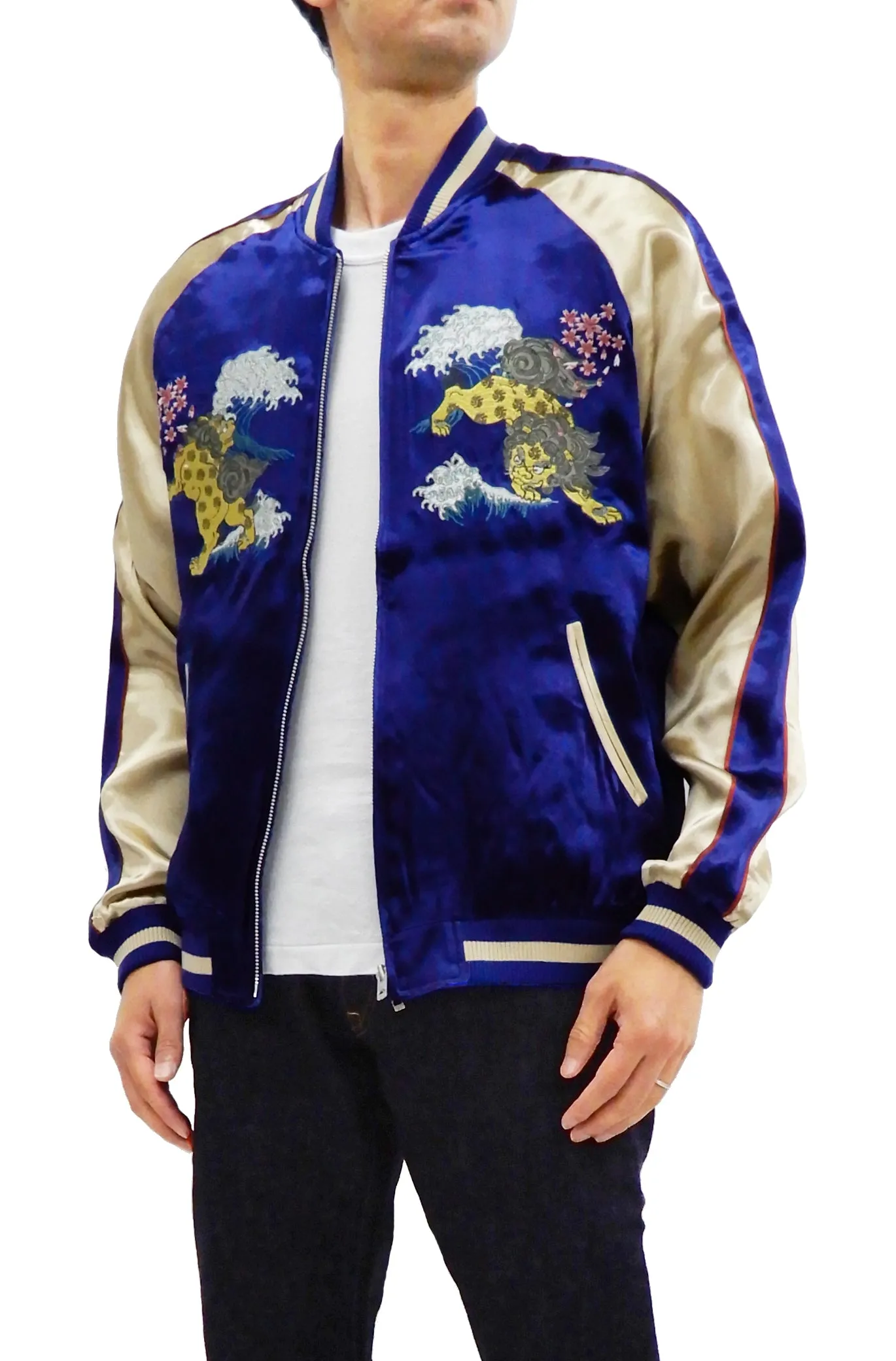 Japanesque Men's Japanese Souvenir Jacket Komainu Embroidered Sukajan 3RSJ-046 Navy-Blue/Beige