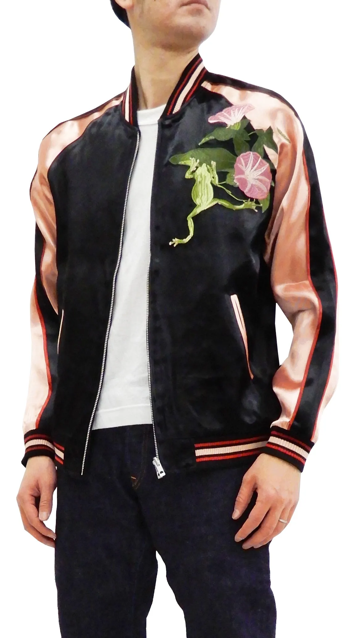 Japanesque Men's Japanese Souvenir Jacket Tree Frog Sukajan 3RSJ-043 Black/Pink