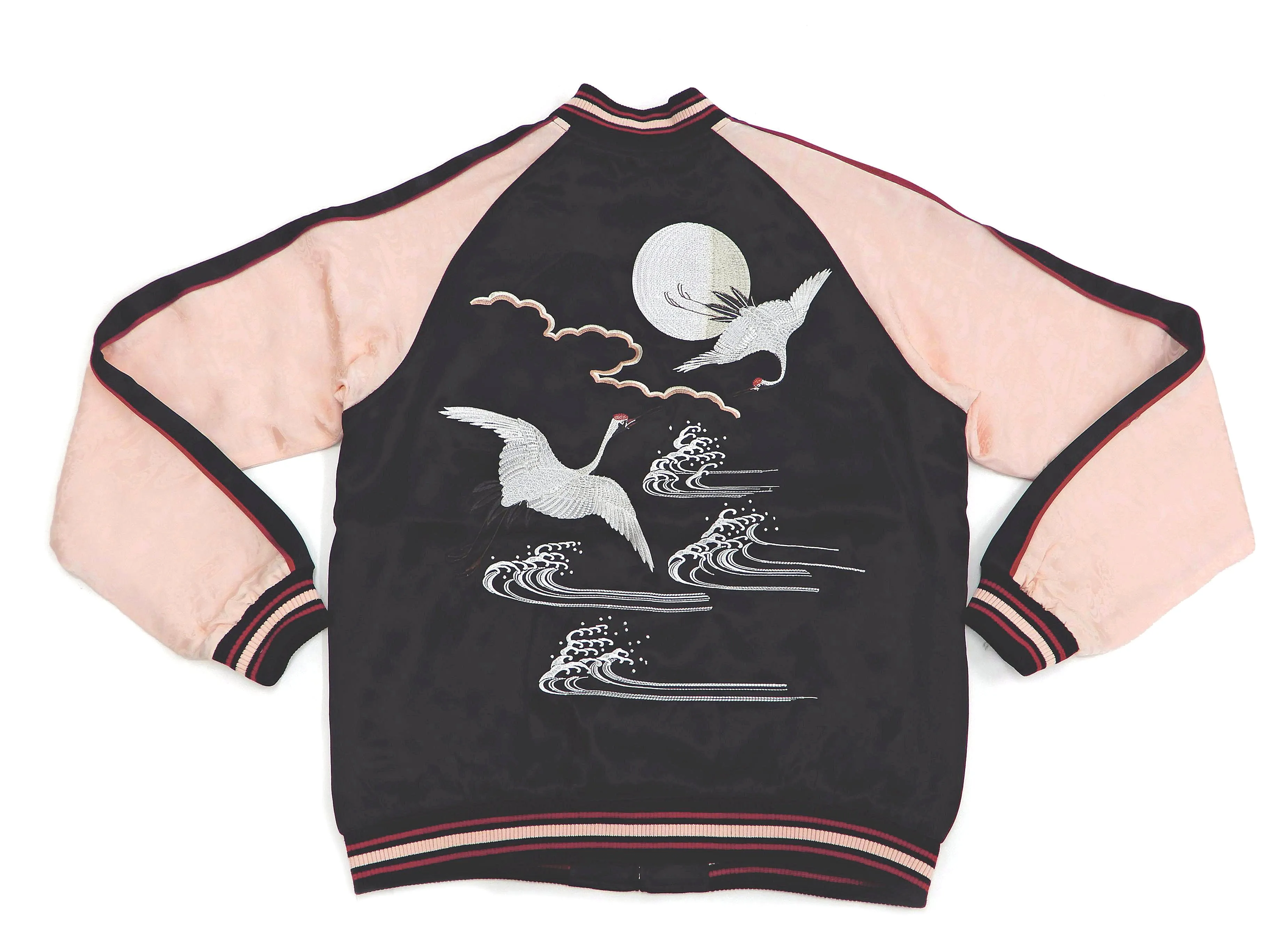 Japanesque Sukajan Jacket Men's Japanese Souvenir Jacket Japanese Crane 3RSJ-752 Black/Pink