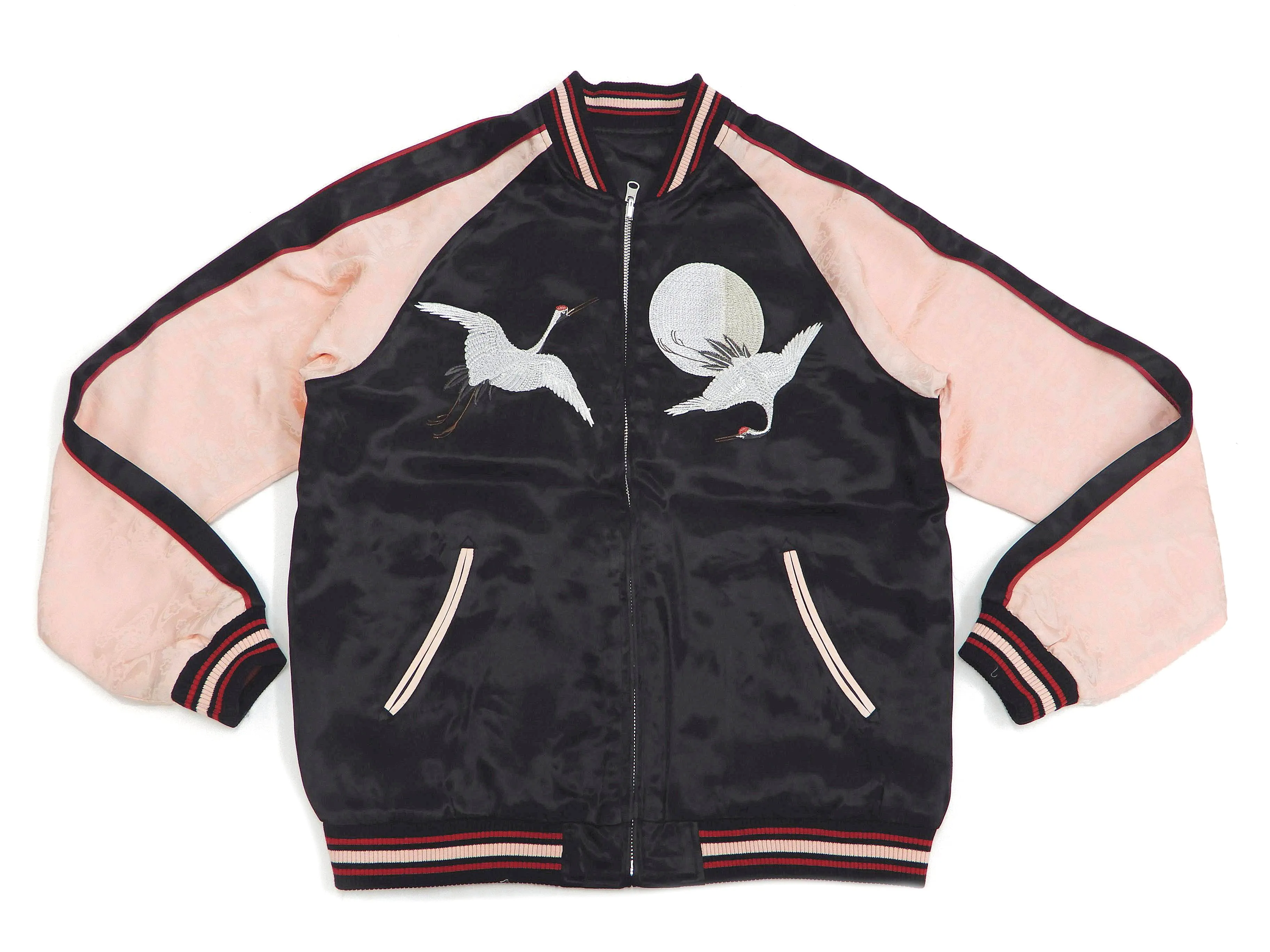 Japanesque Sukajan Jacket Men's Japanese Souvenir Jacket Japanese Crane 3RSJ-752 Black/Pink