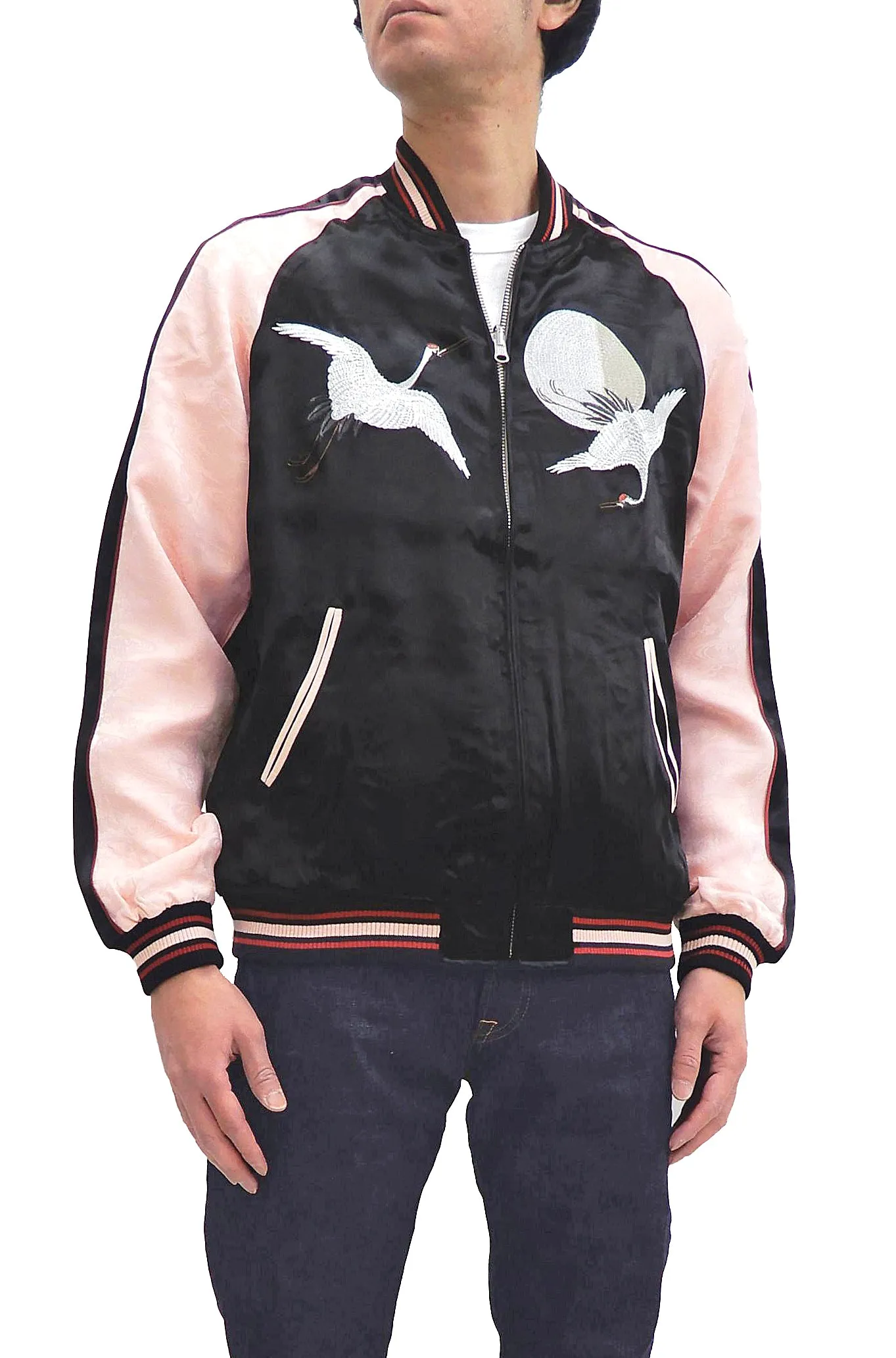 Japanesque Sukajan Jacket Men's Japanese Souvenir Jacket Japanese Crane 3RSJ-752 Black/Pink