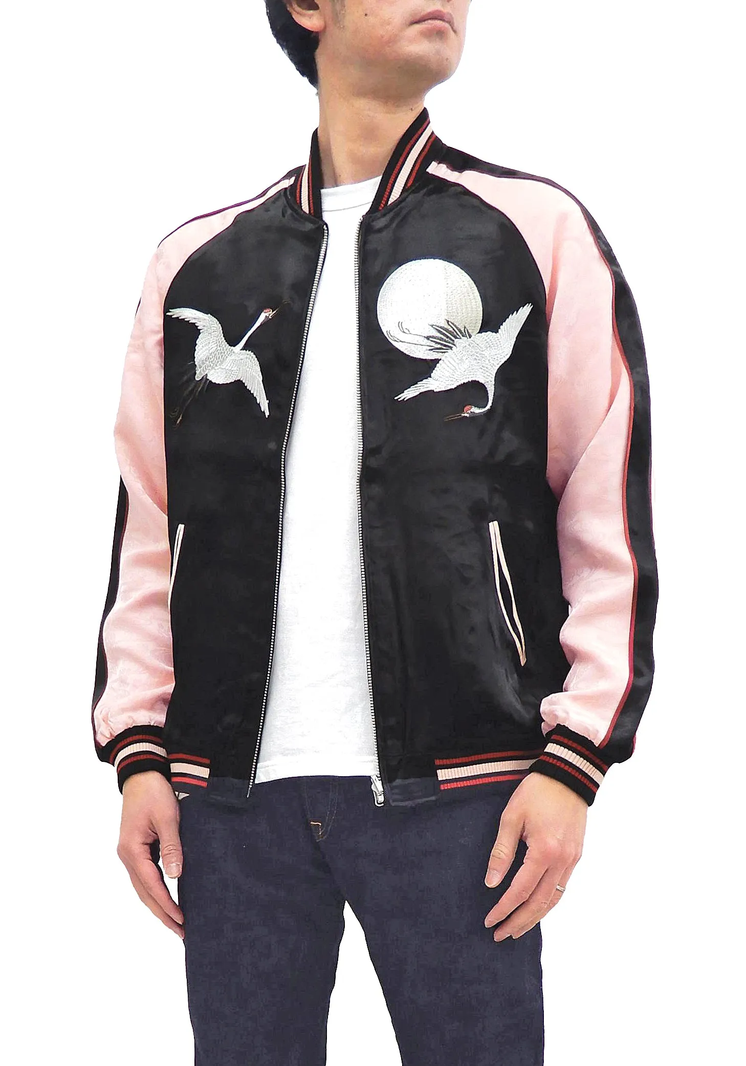 Japanesque Sukajan Jacket Men's Japanese Souvenir Jacket Japanese Crane 3RSJ-752 Black/Pink