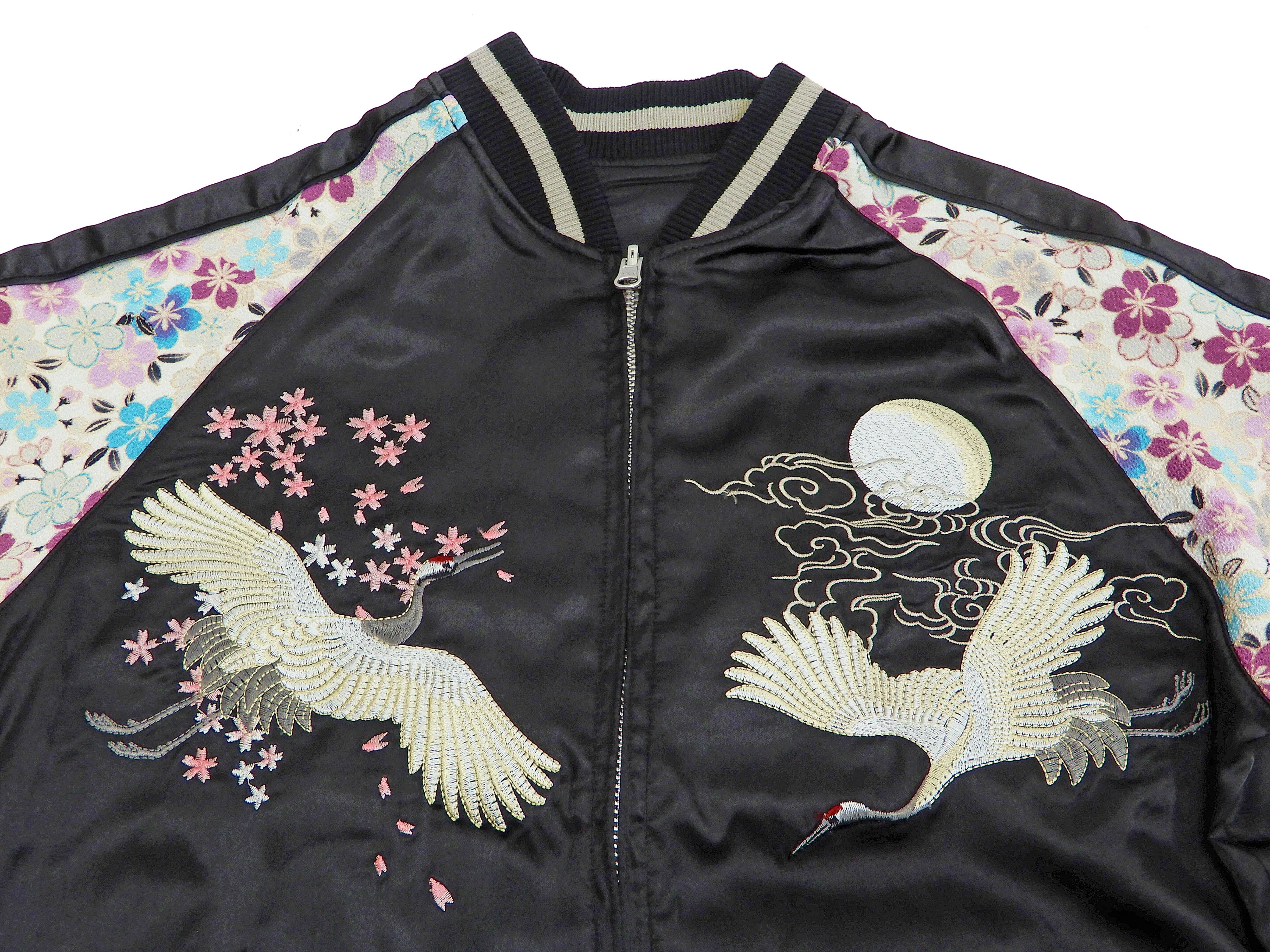 Japanesque Sukajan Men's Japanese Souvenir Jacket Crane 3RSJ-302 Black/Off