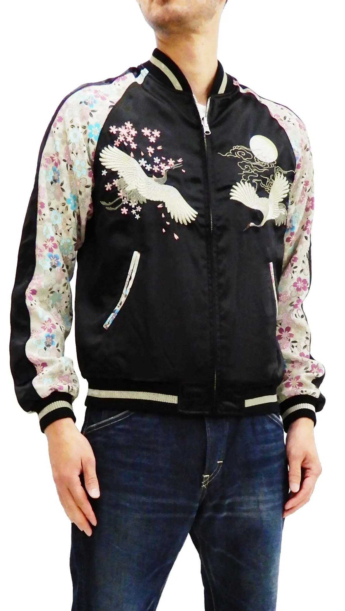 Japanesque Sukajan Men's Japanese Souvenir Jacket Crane 3RSJ-302 Black/Off