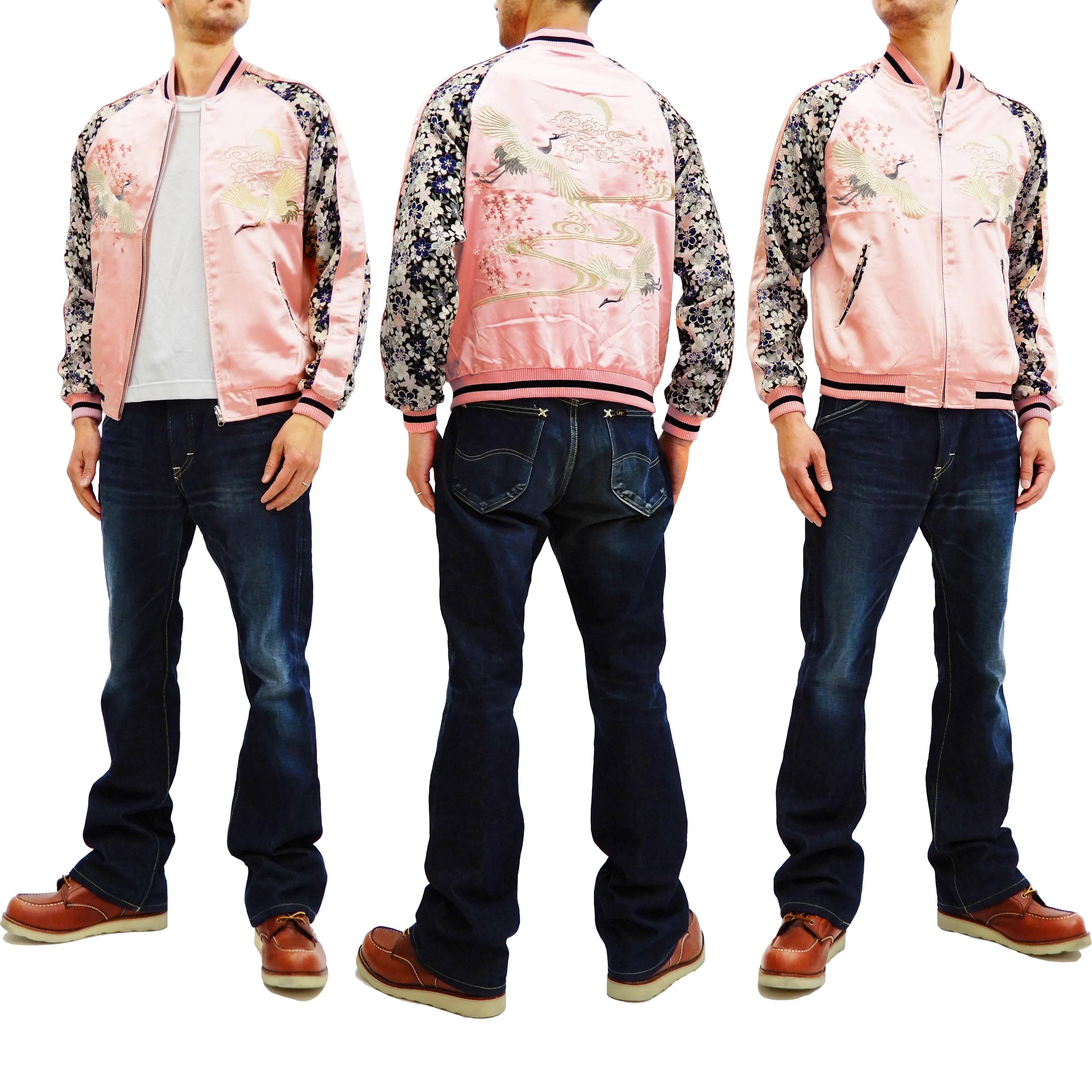 Japanesque Sukajan Men's Japanese Souvenir Jacket Crane 3RSJ-302 Pink/Black