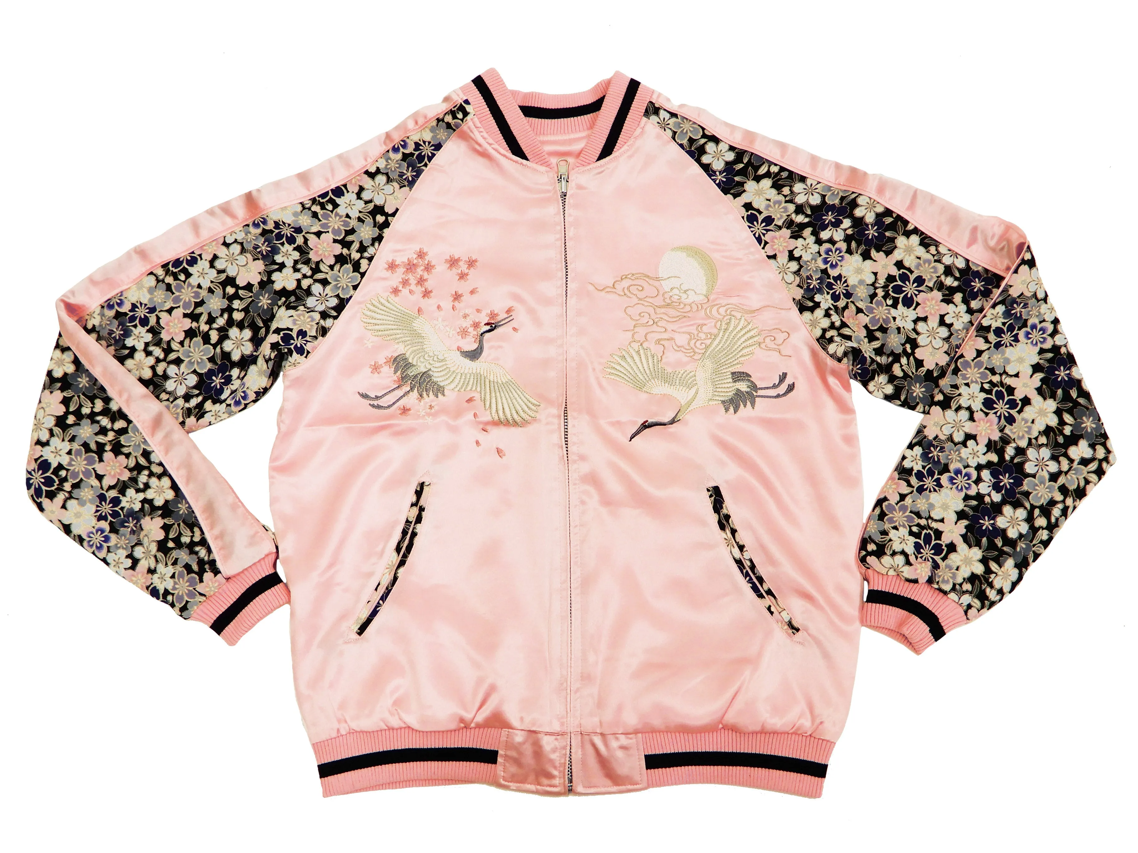 Japanesque Sukajan Men's Japanese Souvenir Jacket Crane 3RSJ-302 Pink/Black