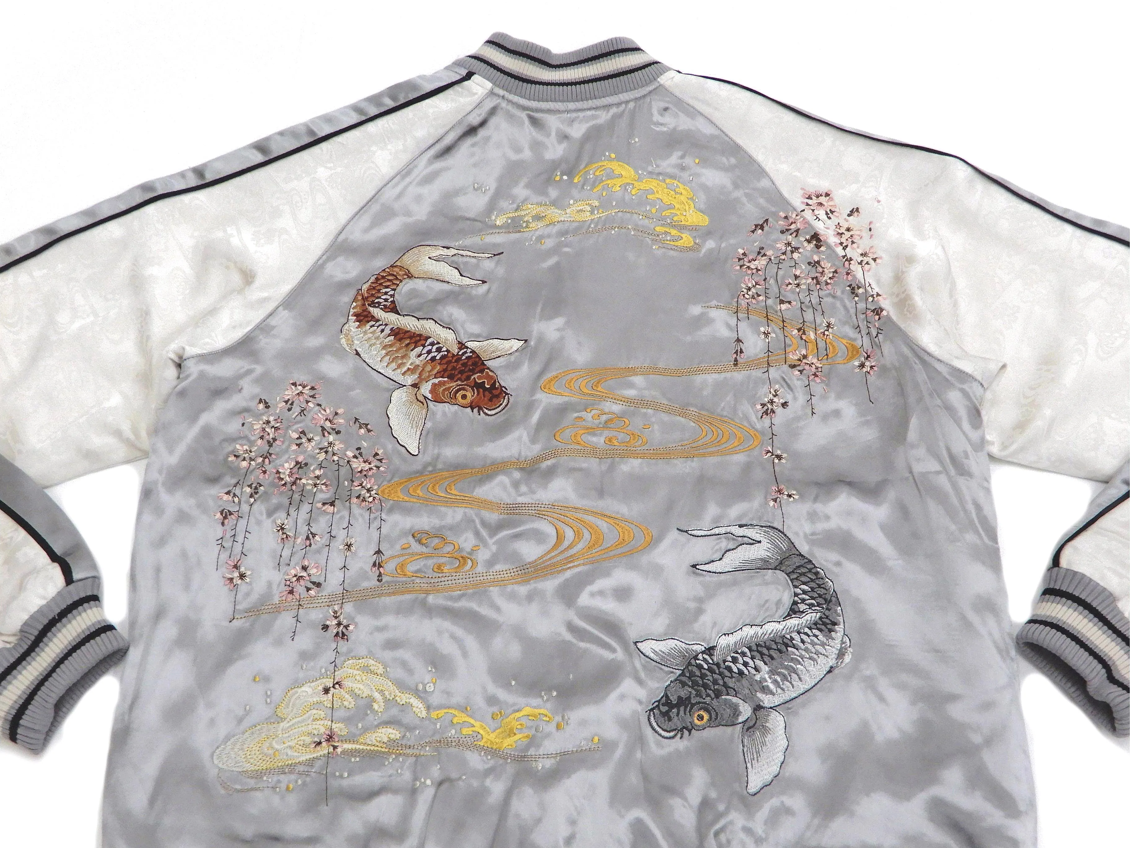 Japanesque Sukajan Men's Japanese Souvenir Jacket Japanese Koi fish 3RSJ-754 Gray/Off