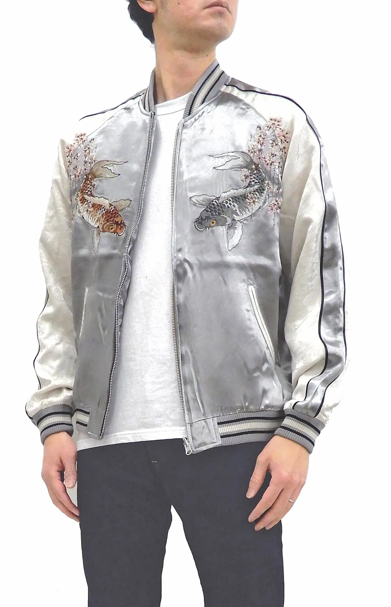 Japanesque Sukajan Men's Japanese Souvenir Jacket Japanese Koi fish 3RSJ-754 Gray/Off