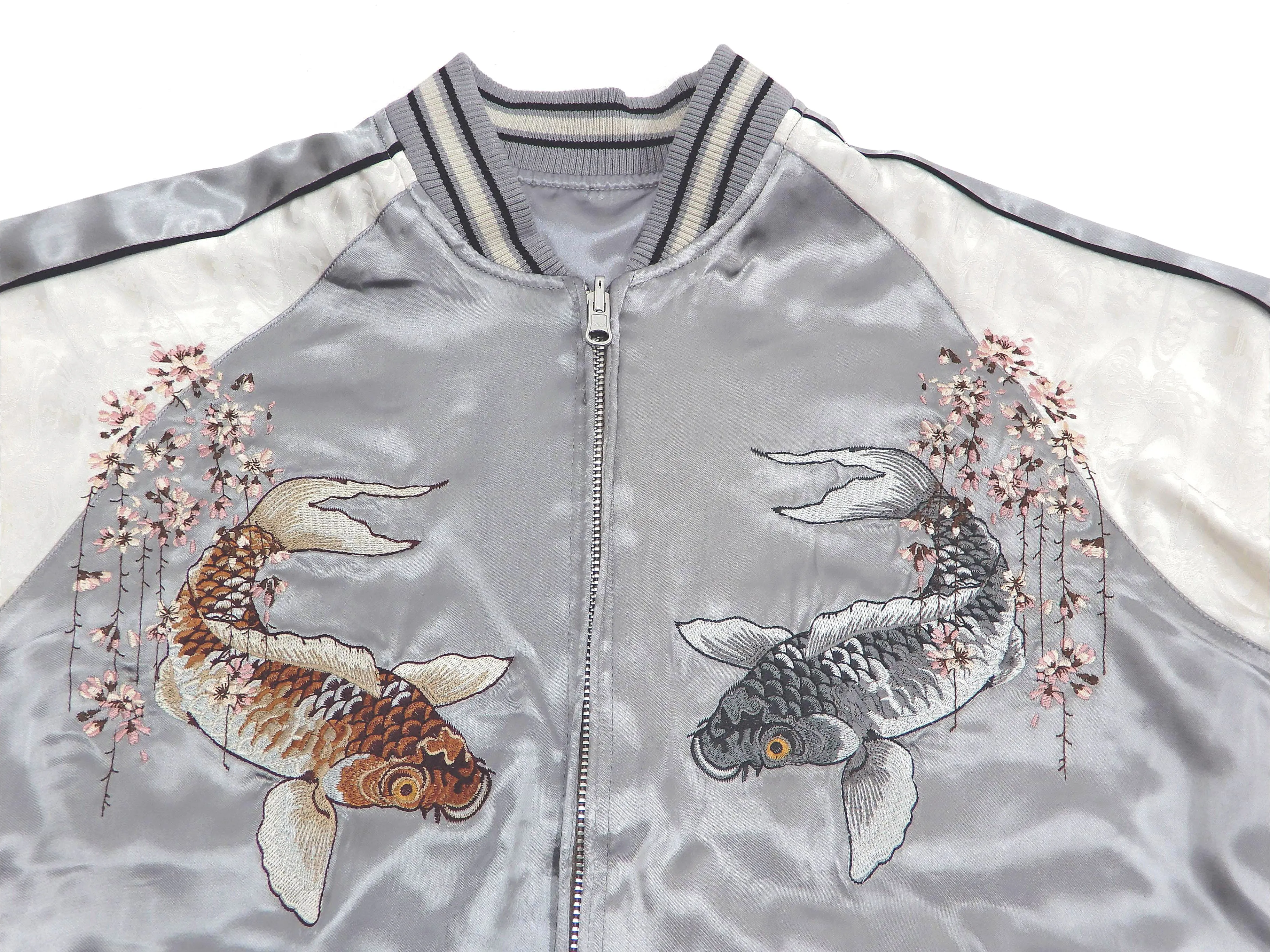 Japanesque Sukajan Men's Japanese Souvenir Jacket Japanese Koi fish 3RSJ-754 Gray/Off