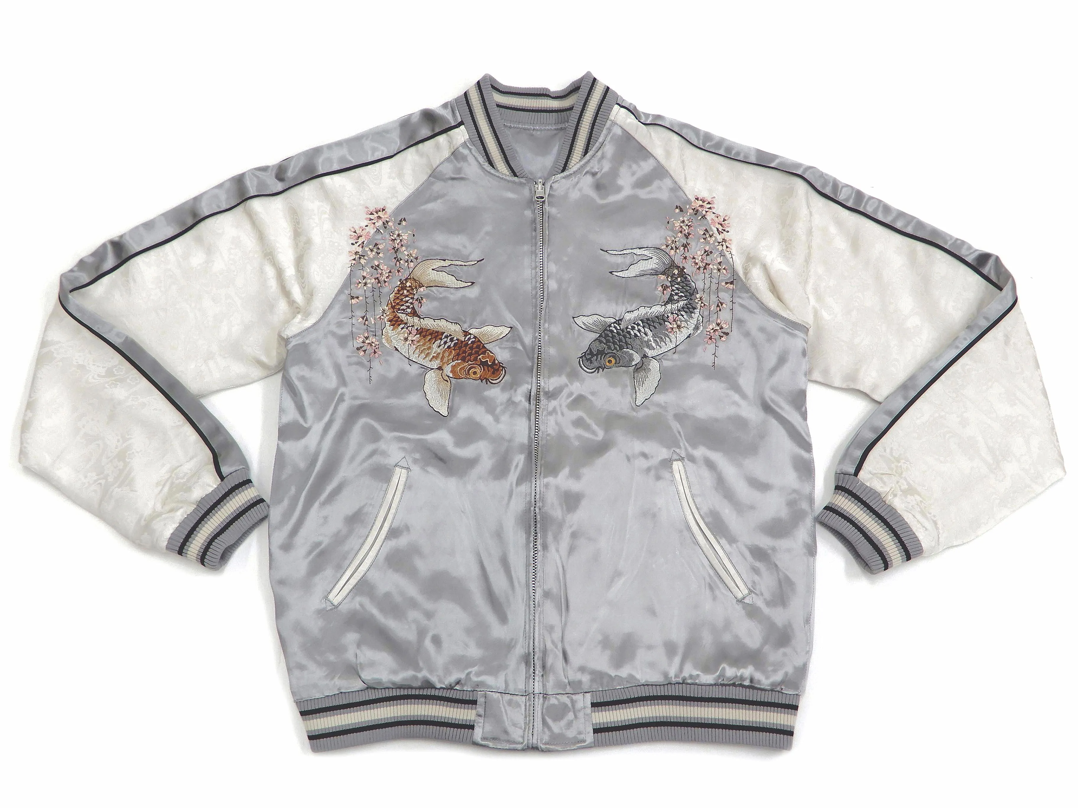 Japanesque Sukajan Men's Japanese Souvenir Jacket Japanese Koi fish 3RSJ-754 Gray/Off