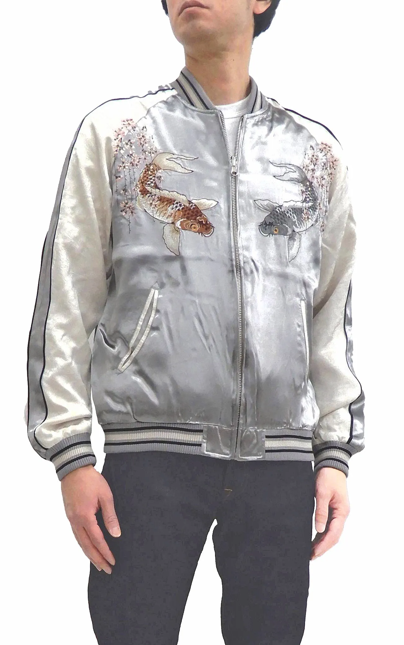 Japanesque Sukajan Men's Japanese Souvenir Jacket Japanese Koi fish 3RSJ-754 Gray/Off