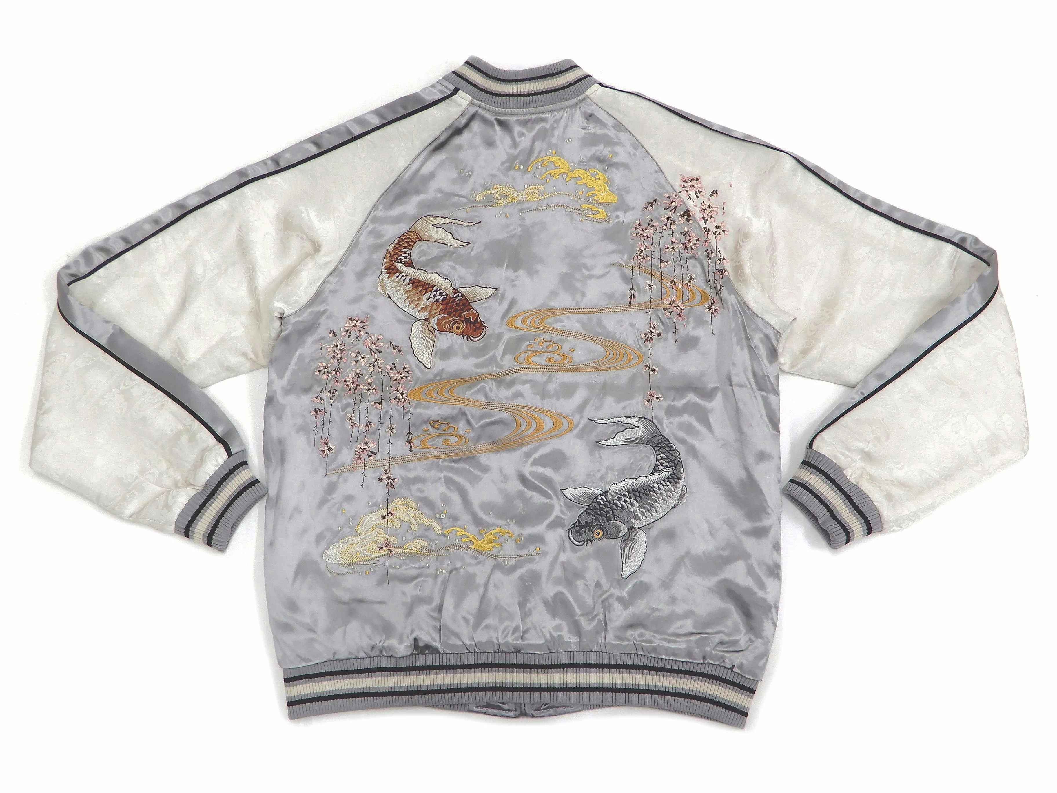 Japanesque Sukajan Men's Japanese Souvenir Jacket Japanese Koi fish 3RSJ-754 Gray/Off