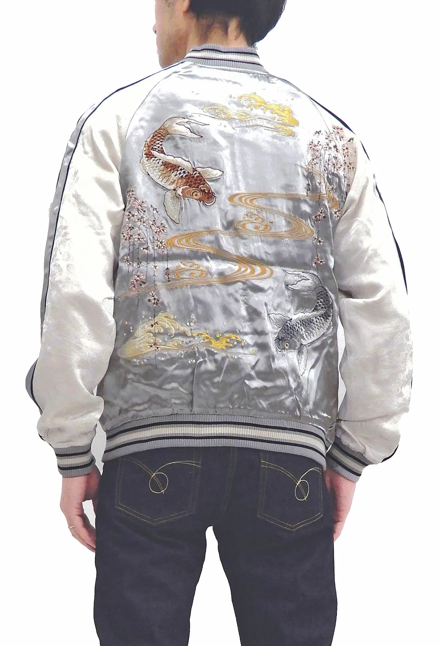 Japanesque Sukajan Men's Japanese Souvenir Jacket Japanese Koi fish 3RSJ-754 Gray/Off