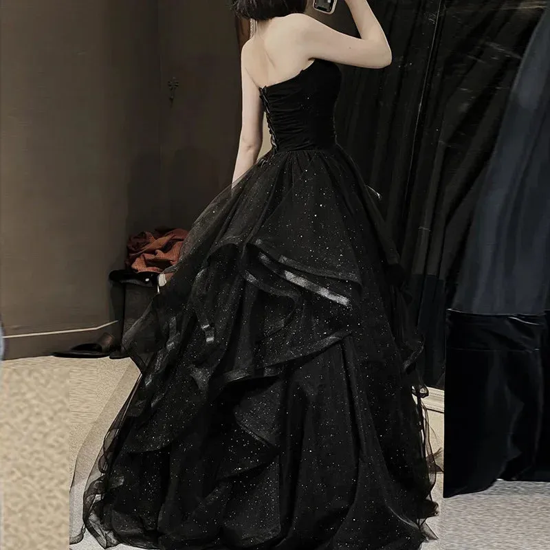 kamahe Black Elegant Party Prom Dresses Strapless Tiered Draped Ball Gown Formal Dress Women Robe