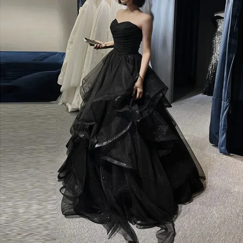 kamahe Black Elegant Party Prom Dresses Strapless Tiered Draped Ball Gown Formal Dress Women Robe