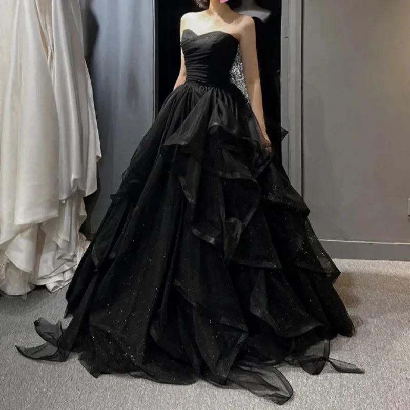 kamahe Black Elegant Party Prom Dresses Strapless Tiered Draped Ball Gown Formal Dress Women Robe