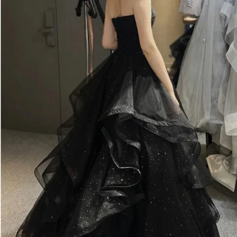 kamahe Black Elegant Party Prom Dresses Strapless Tiered Draped Ball Gown Formal Dress Women Robe