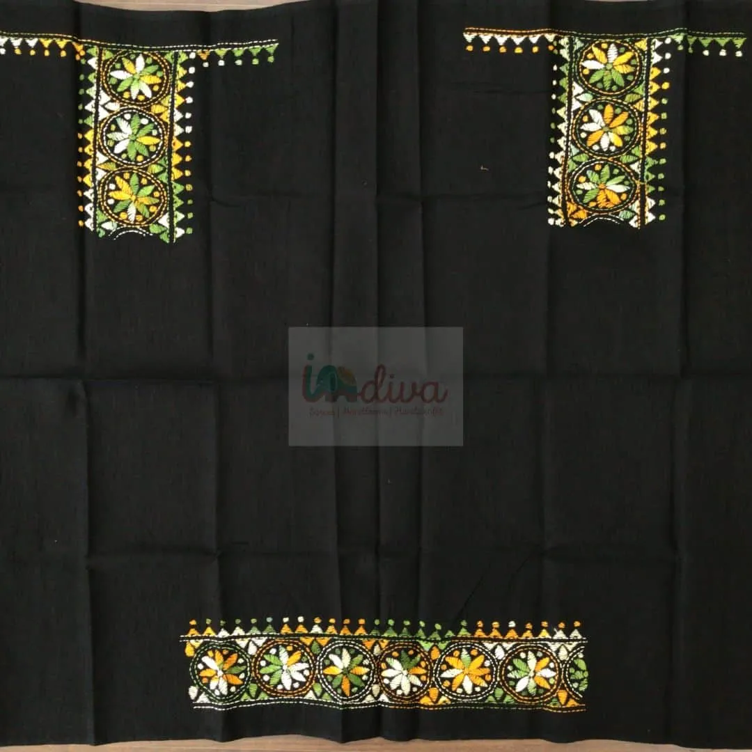 Kantha Blouse Fabric With Green, Yellow & White Embroidery