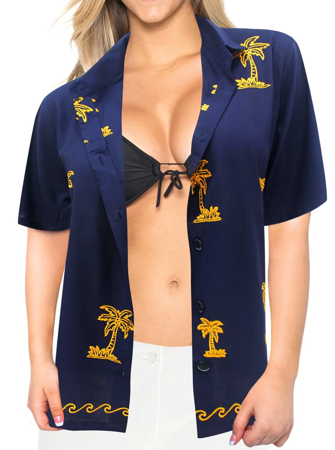 LA LEELA Women's Beach Casual Hawaiian Blouse Short Sleeve button Down Shirt aloha Blue