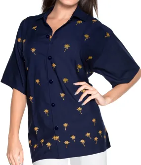 LA LEELA Women's Beach Casual Hawaiian Blouse Short Sleeve button Down Shirt Navy Blue aloha