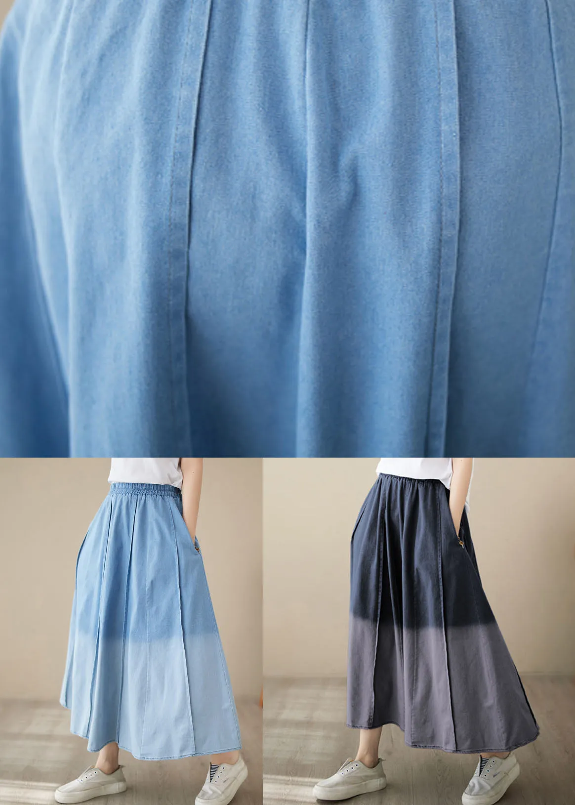 Light Blue Pockets Patchwork Denim Skirts Wrinkled Summer LY4981