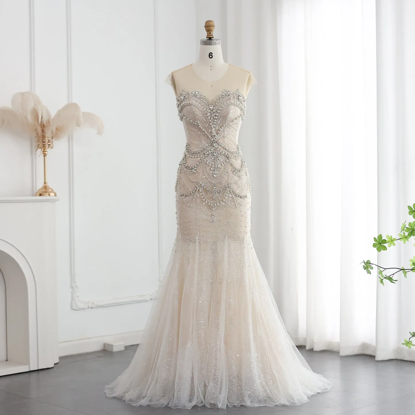 Luxury Crystal Pearls Nude Mermaid Wedding Dress SS528