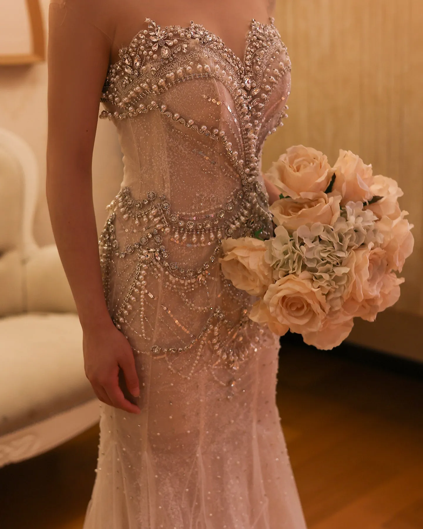 Luxury Crystal Pearls Nude Mermaid Wedding Dress SS528