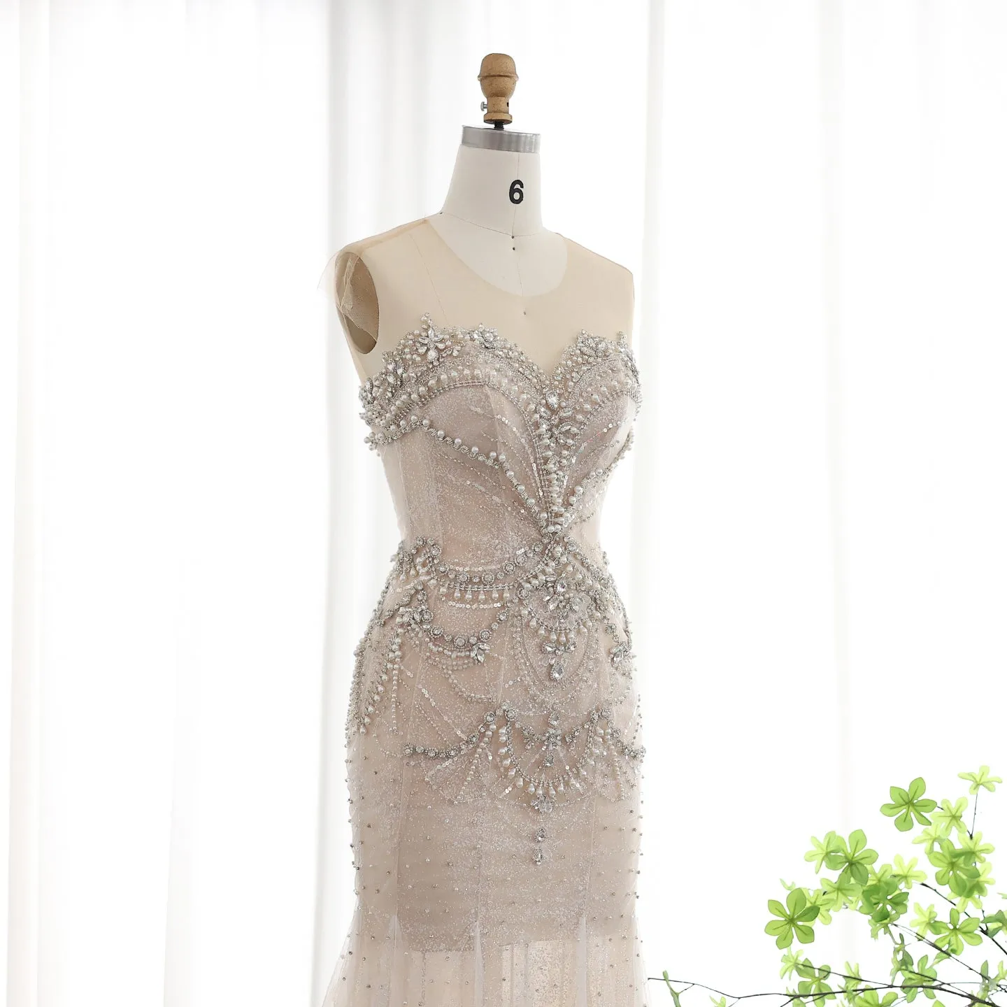 Luxury Crystal Pearls Nude Mermaid Wedding Dress SS528