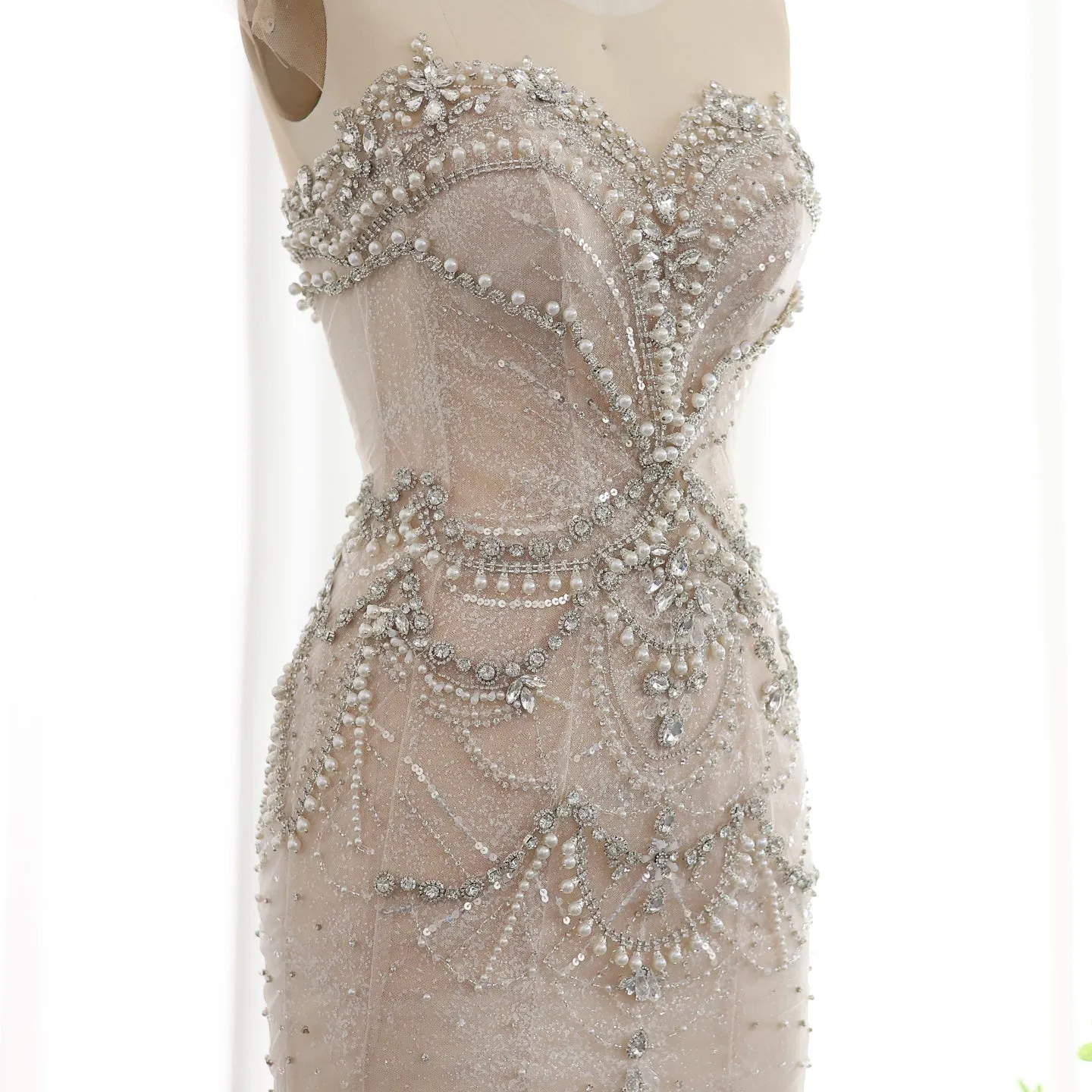 Luxury Crystal Pearls Nude Mermaid Wedding Dress SS528