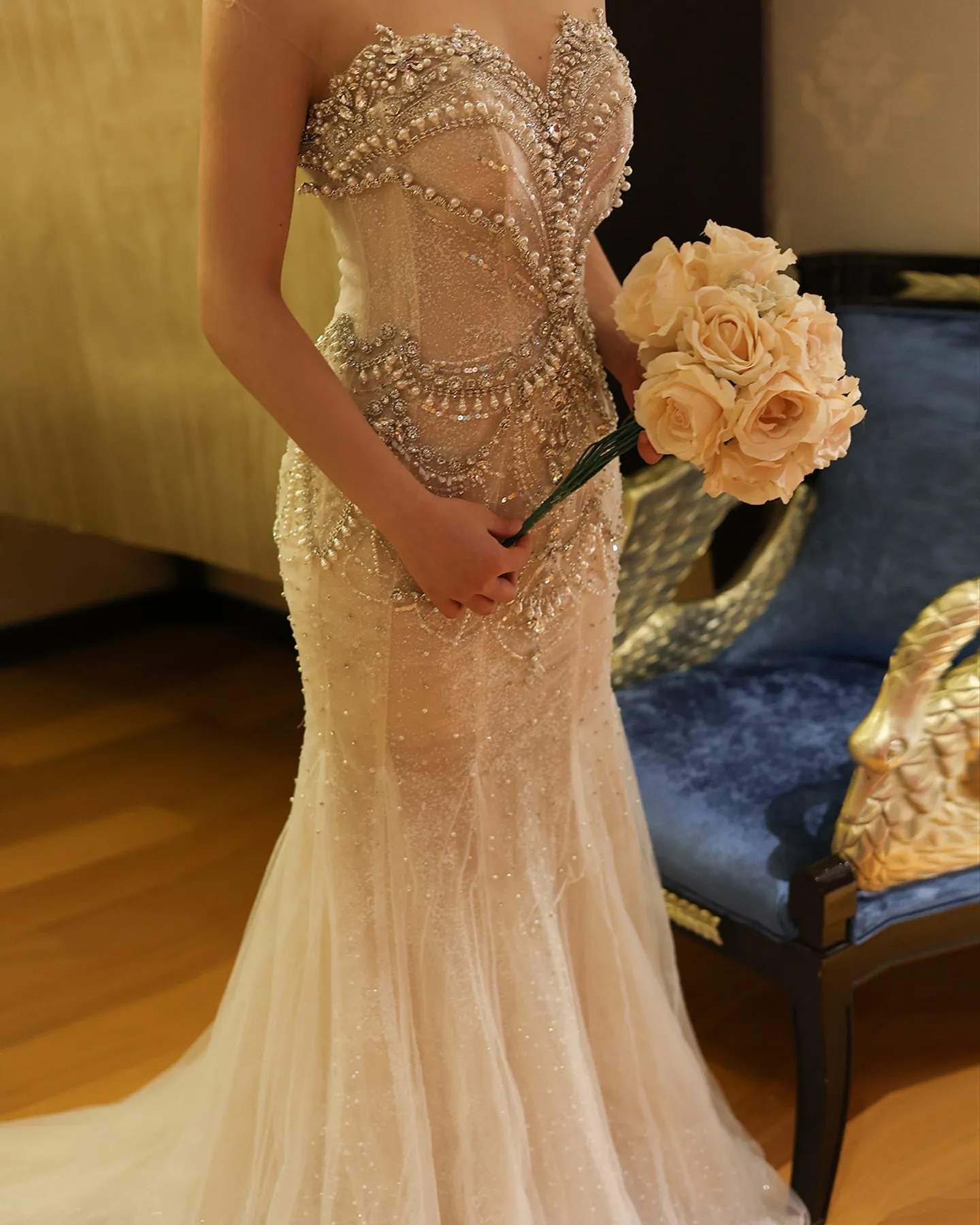 Luxury Crystal Pearls Nude Mermaid Wedding Dress SS528