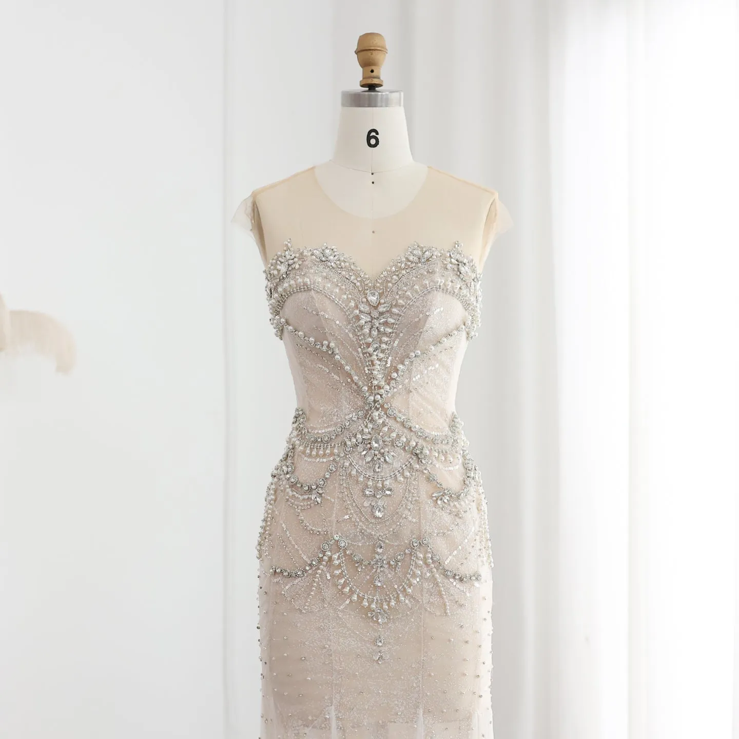 Luxury Crystal Pearls Nude Mermaid Wedding Dress SS528