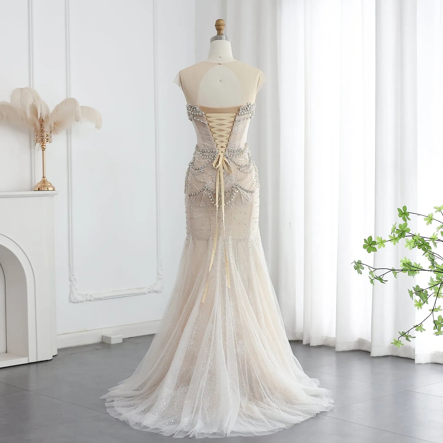 Luxury Crystal Pearls Nude Mermaid Wedding Dress SS528