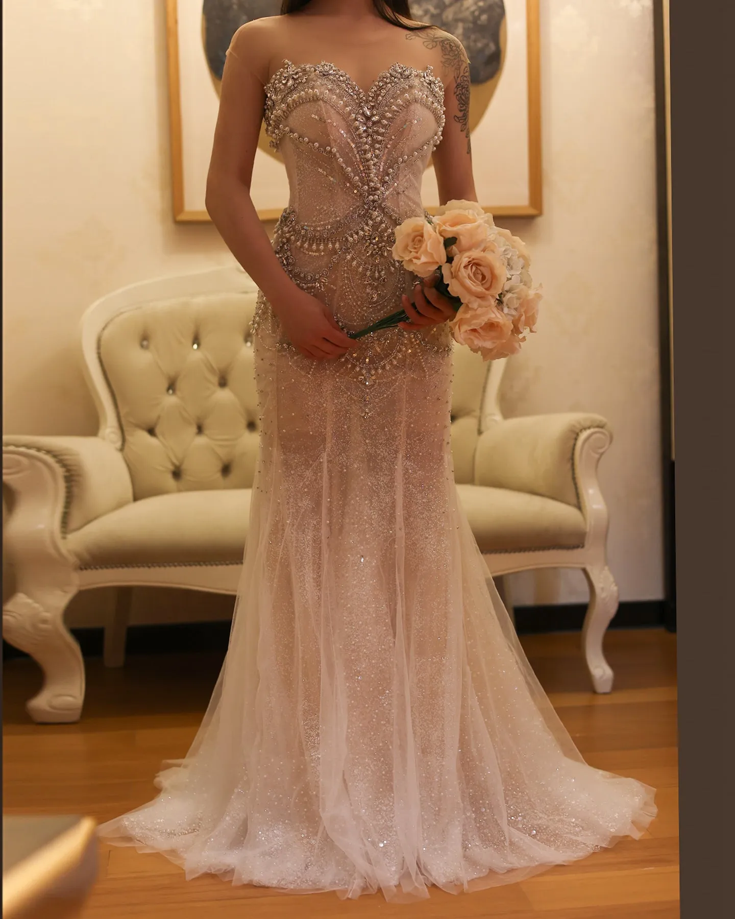 Luxury Crystal Pearls Nude Mermaid Wedding Dress SS528