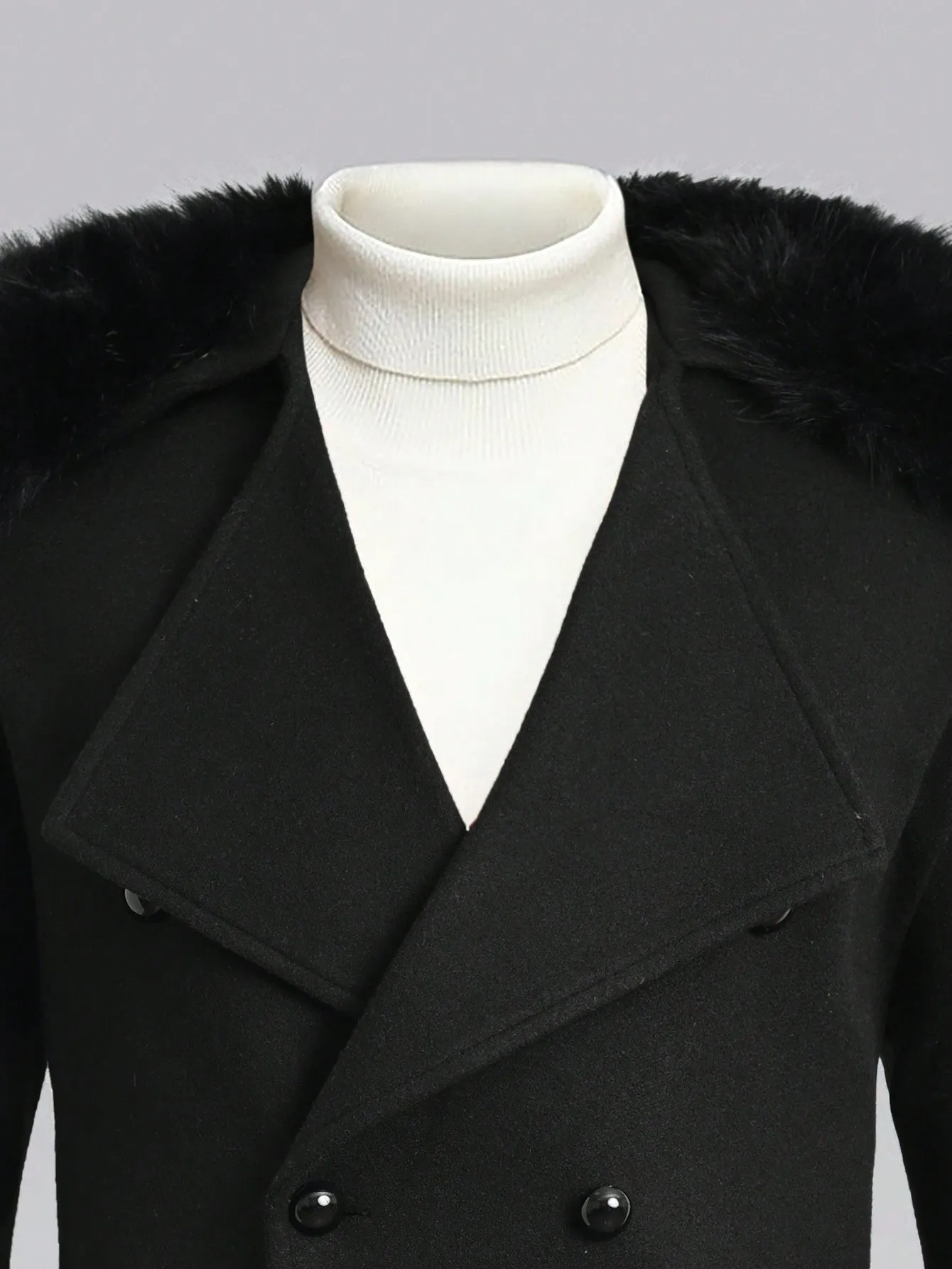 Men's Woolen Coat With Double Breasted Buttons And Shearling Collar