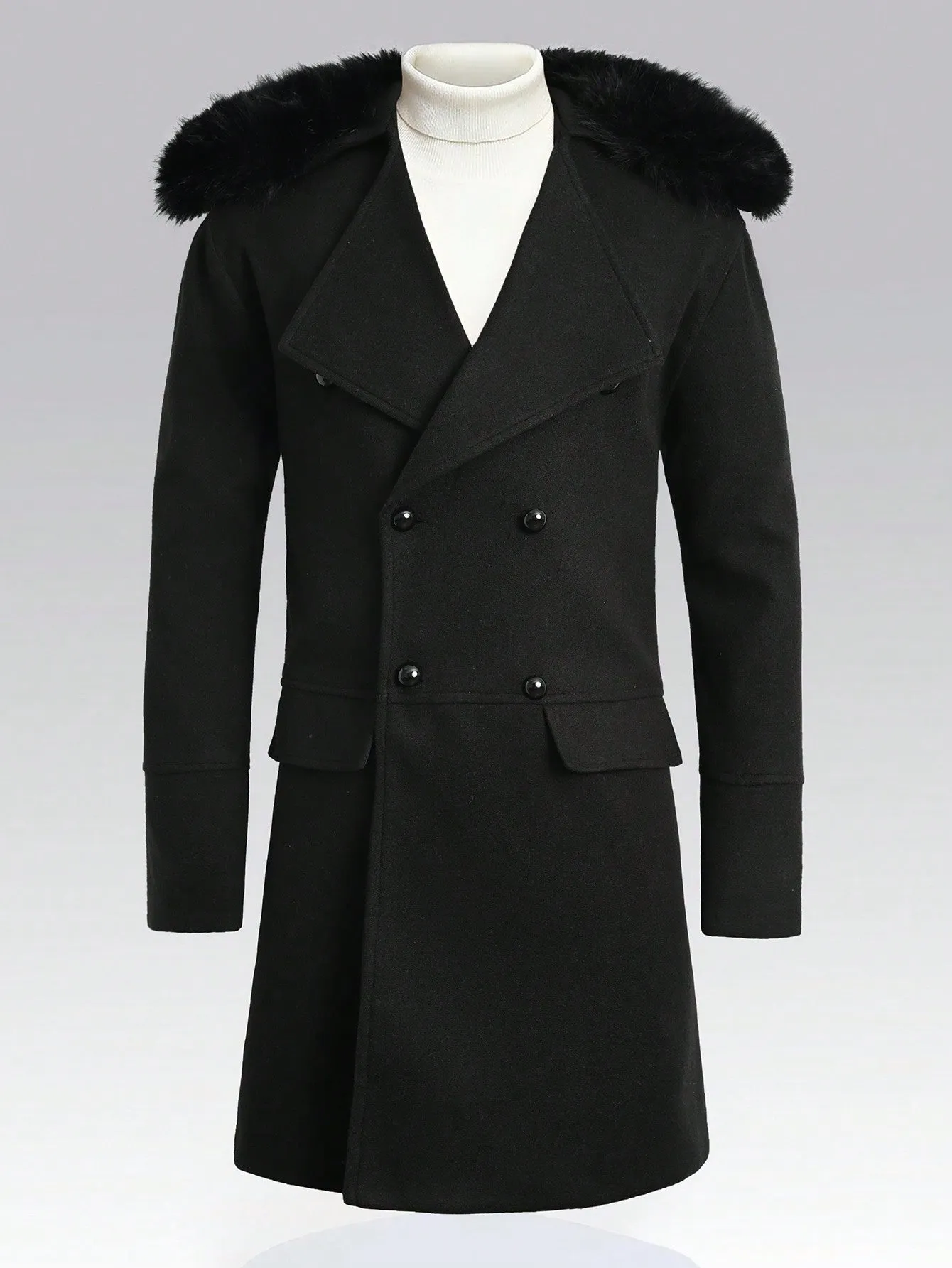 Men's Woolen Coat With Double Breasted Buttons And Shearling Collar