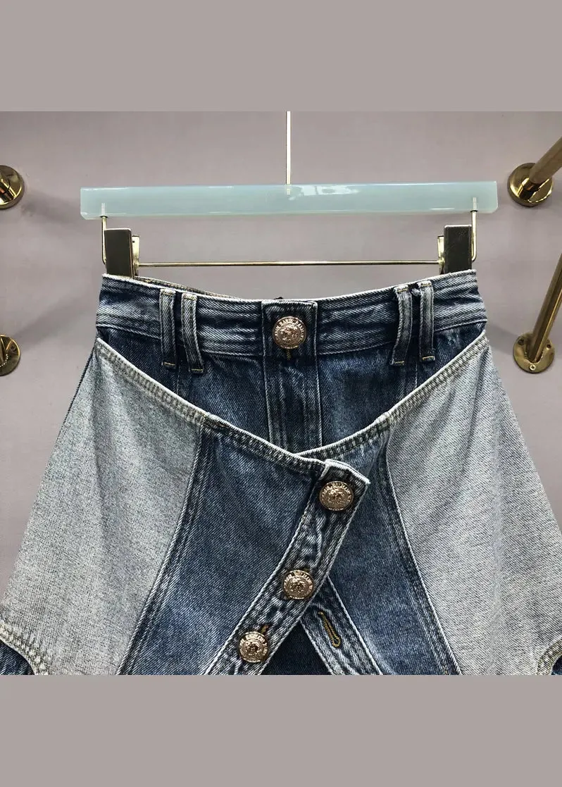 Modern Blue Zip Up Pockets Patchwork Denim Skirts Summer ML0717