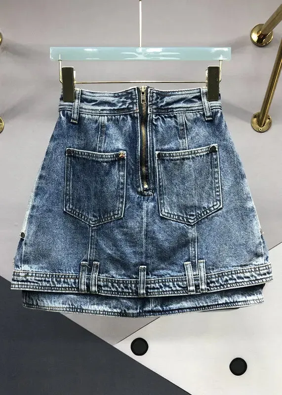 Modern Blue Zip Up Pockets Patchwork Denim Skirts Summer ML0717