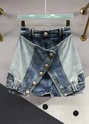 Modern Blue Zip Up Pockets Patchwork Denim Skirts Summer ML0717