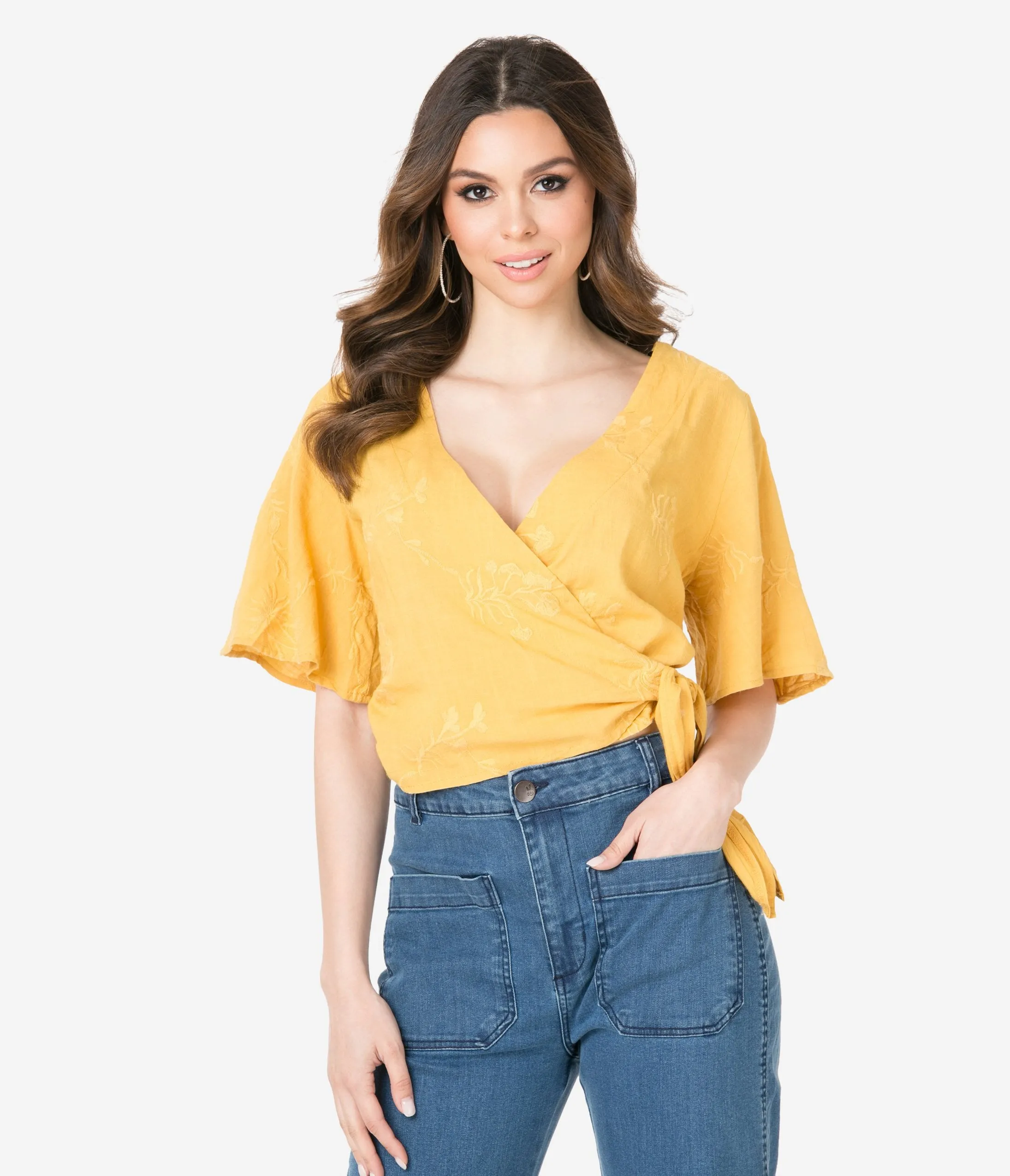 Mustard Embroidered Wrap Blouse