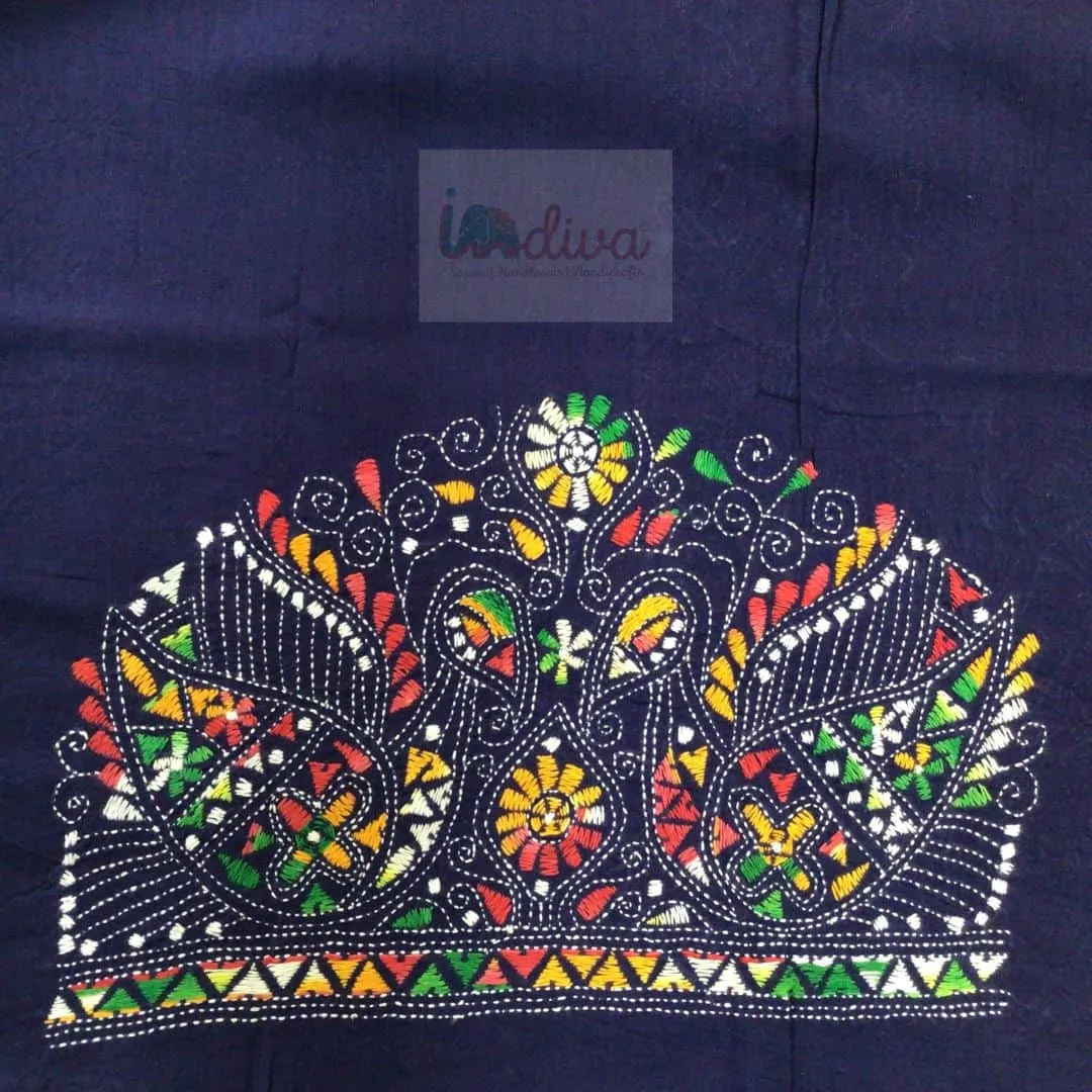 Navy Blue Kantha Blouse Fabric With Colorful Floral Motifs