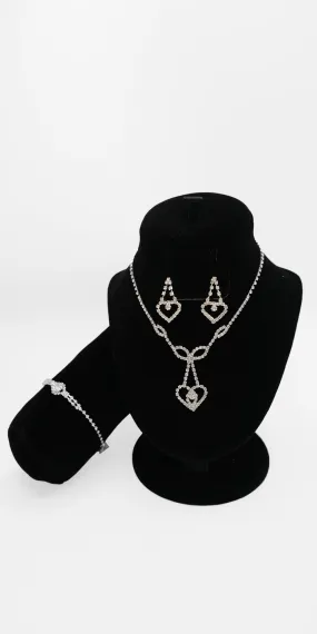 Open Heart Rhinestone Necklace Earring and Bracelet Set