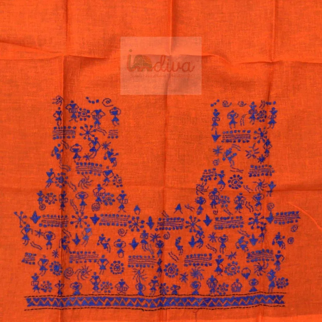 Orange Kantha Blouse Fabric with Blue Worli Motifs