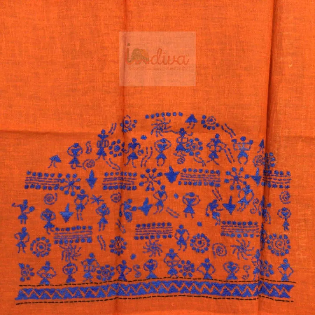 Orange Kantha Blouse Fabric with Blue Worli Motifs