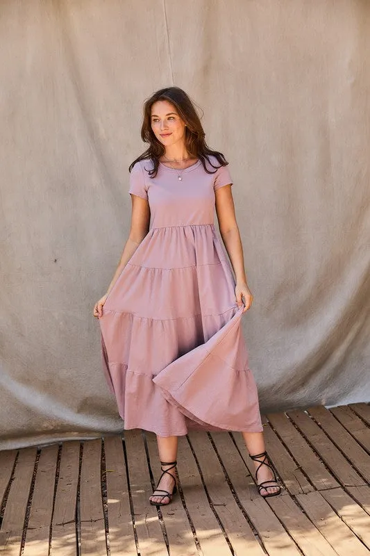 Pink Elephant Short Sleeves Tiered Jersey Midi Dress